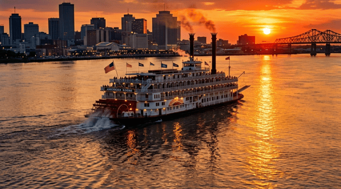 Steamboat sailing on river at sunset near city skyline and bridge