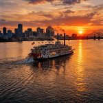 Steamboat sailing on river at sunset near city skyline and bridge