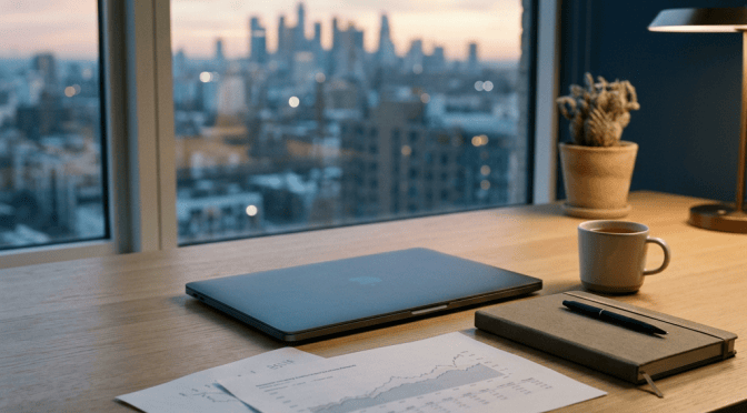 Desk with laptop, financial charts, notebook, coffee, and city skyline